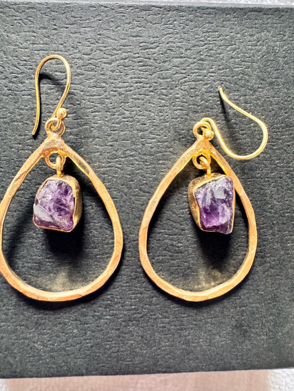 Gold Teardrop Earrings with Purple Amethyst Stone